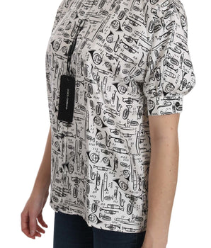Dolce & Gabbana White Musical Instrument Collared Blouse Shirt Dolce & Gabbana 