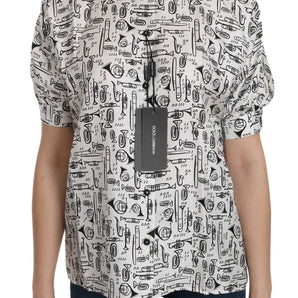 Dolce & Gabbana Musical Instrument Print Silk Collared Top