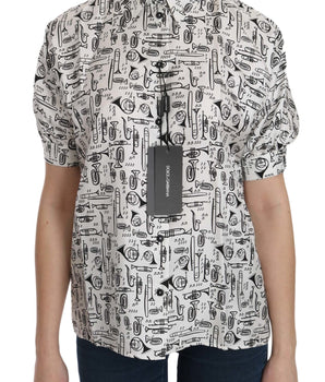 Dolce & Gabbana White Musical Instrument Collared Blouse Shirt Dolce & Gabbana 