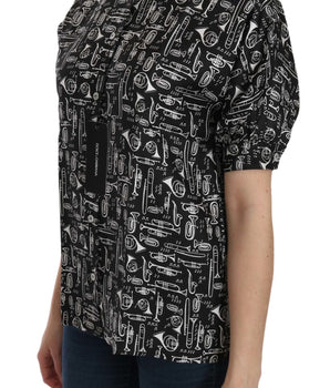 Dolce & Gabbana Black Musical Instrument Collared Blouse Shirt Dolce & Gabbana 