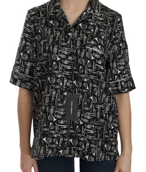 Dolce & Gabbana Black Musical Instrument Print Silk Top Dolce & Gabbana 
