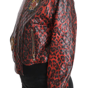 Dolce &amp; Gabbana Red Leopard Bomber Leather Jacket with Crystal Buttons