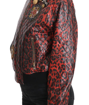 Dolce & Gabbana Red Leopard Bomber Leather Jacket with Crystal Buttons Dolce & Gabbana 