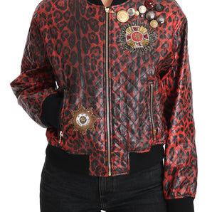 Dolce &amp; Gabbana Red Leopard Bomber Leather Jacket with Crystal Buttons