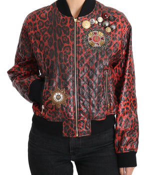 Dolce & Gabbana Red Leopard Bomber Leather Jacket with Crystal Buttons Dolce & Gabbana 