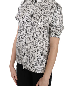 Dolce & Gabbana Trumpet Print Button Front Silk Top Blouse Dolce & Gabbana 