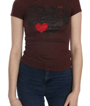 Exte Chic Brown Hearts Print Crew Neck Blouse Exte 