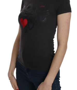 Exte Black Hearts Print Crew Neck Blouse Exte 