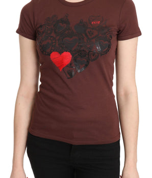 Exte Chic Brown Hearts Printed Short Sleeve Top Exte 