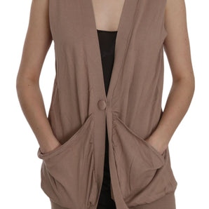 PINK MEMORIES Chic Sleeveless Cotton Cardigan Vest - Elegant Brown