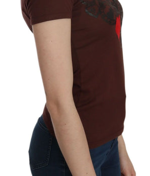 Exte Chic Brown Heart Print Crew Neck Top Exte 