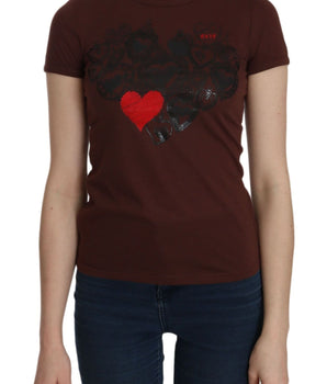 Exte Chic Brown Heart Print Crew Neck Top Exte 