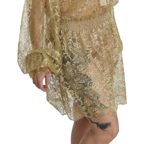 Dolce &amp; Gabbana Elegant Gold Lace A-Line Knee Length Dress