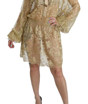 Dolce &amp; Gabbana Elegant Gold Lace A-Line Knee Length Dress