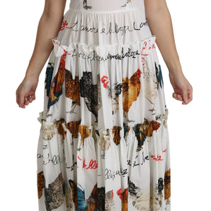 Dolce & Gabbana Elegant White Rooster Print Sheath Midi Dress