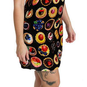 Dolce &amp; Gabbana Chic Black Desserts Print Shift Mini Dress