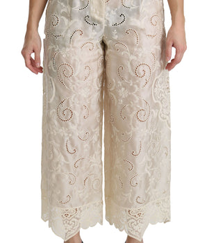 Dolce &amp; Gabbana Cream Lace High Waist Palazzo Cropped Pants
