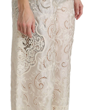 Dolce &amp; Gabbana Cream Lace High Waist Palazzo Cropped Pants
