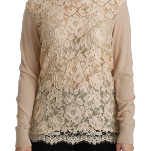 Dolce &amp; Gabbana Elegante blusa de cachemir con cuello redondo y encaje beige