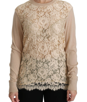 Dolce & Gabbana Elegant Beige Lace Crew Neck Cashmere Blouse Dolce & Gabbana 