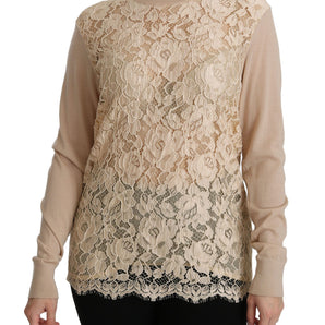 Dolce &amp; Gabbana Elegante blusa de cachemir con cuello redondo y encaje beige