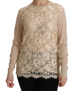 Dolce & Gabbana Elegant Beige Lace Crew Neck Cashmere Blouse Dolce & Gabbana 