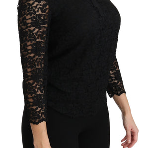 Dolce &amp; Gabbana Elegante blusa negra con cuello redondo y encaje