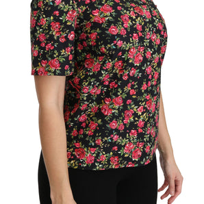 Dolce &amp; Gabbana Elegante top con cuello redondo y estampado floral negro