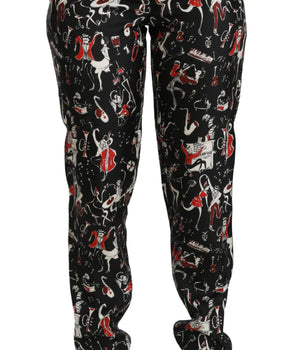 Dolce & Gabbana Black Silk Instrument Mid Waist Pants Dolce & Gabbana 