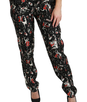 Dolce & Gabbana Black Silk Instrument Mid Waist Pants Dolce & Gabbana 