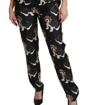 Dolce & Gabbana Black Puppy Dog Mid Waist Skinny Silk Pants Dolce & Gabbana 