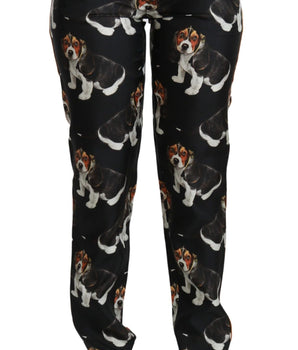Dolce & Gabbana Black Puppy Dog Mid Waist Skinny Silk Pants Dolce & Gabbana 