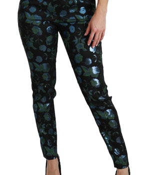 Dolce & Gabbana Blue Green Floral Metallic Slim Pants Dolce & Gabbana 