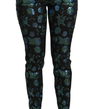 Dolce & Gabbana Blue Green Floral Metallic Slim Pants Dolce & Gabbana 