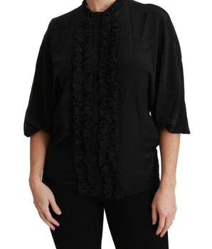 Dolce & Gabbana Black Silk Shirt Ruffled Top Blouse Dolce & Gabbana 