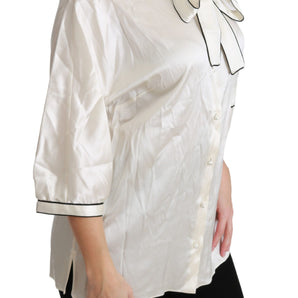 Dolce &amp; Gabbana Elegant Beige Silk Blouse with Bow Scarf