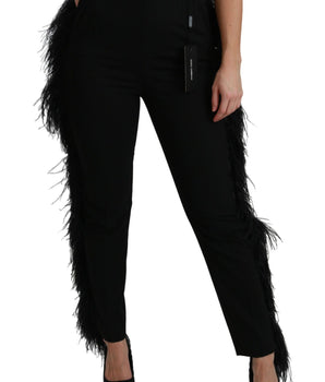 Dolce & Gabbana Black Feather Straight High Waist Wool Pants