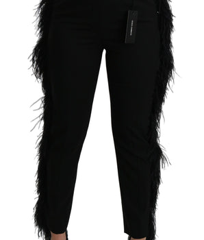 Dolce & Gabbana Black Feather Straight High Waist Wool Pants
