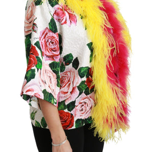 Dolce &amp; Gabbana Elegant Floral Cape Jacket with Fur Details