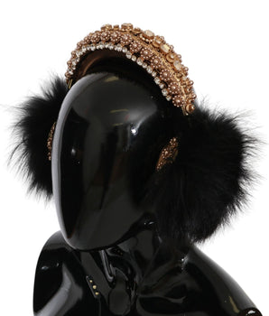Dolce & Gabbana Gold Black Crystal Fur Headset Audio Headphones Dolce & Gabbana 