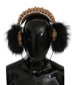 Dolce & Gabbana Gold Black Crystal Fur Headset Audio Headphones Dolce & Gabbana 