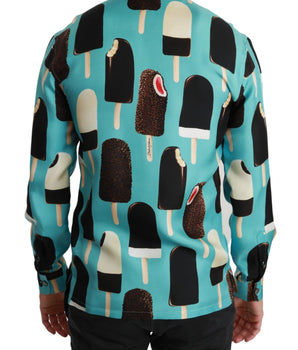 Dolce & Gabbana Blue Silk Ice Cream Print Casual Shirt