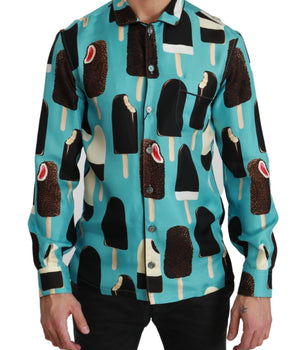 Dolce & Gabbana Blue Silk Ice Cream Print Casual Shirt