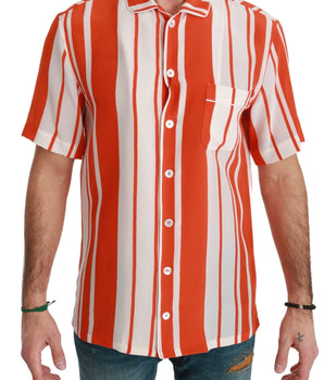 Dolce & Gabbana Orange Silk Striped Short Sleeve White Shirt