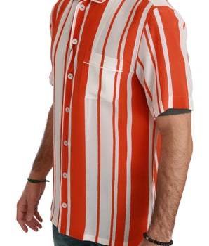 Dolce & Gabbana Orange Silk Striped Short Sleeve White Shirt