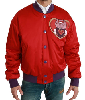 Dolce & Gabbana Vibrant Red Bomber Jacket with Multicolor Motif Dolce & Gabbana 