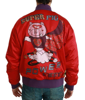 Dolce & Gabbana Vibrant Red Bomber Jacket with Multicolor Motif Dolce & Gabbana 