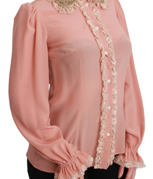 Dolce &amp; Gabbana Pink Silk Gold Sequin Lace Blouse Shirt