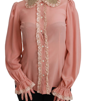 Dolce &amp; Gabbana Pink Silk Gold Sequin Lace Blouse Shirt