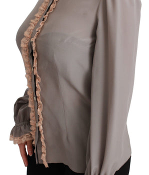 Dolce &amp; Gabbana Gray Silk Gold Sequin Lace Blouse Shirt